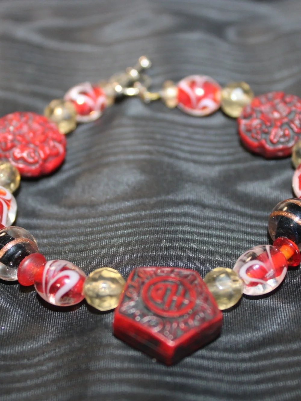 Vintage Red Chinese-Inspired Beaded Bracelets 2 Piece Set Glass & Carved Beads